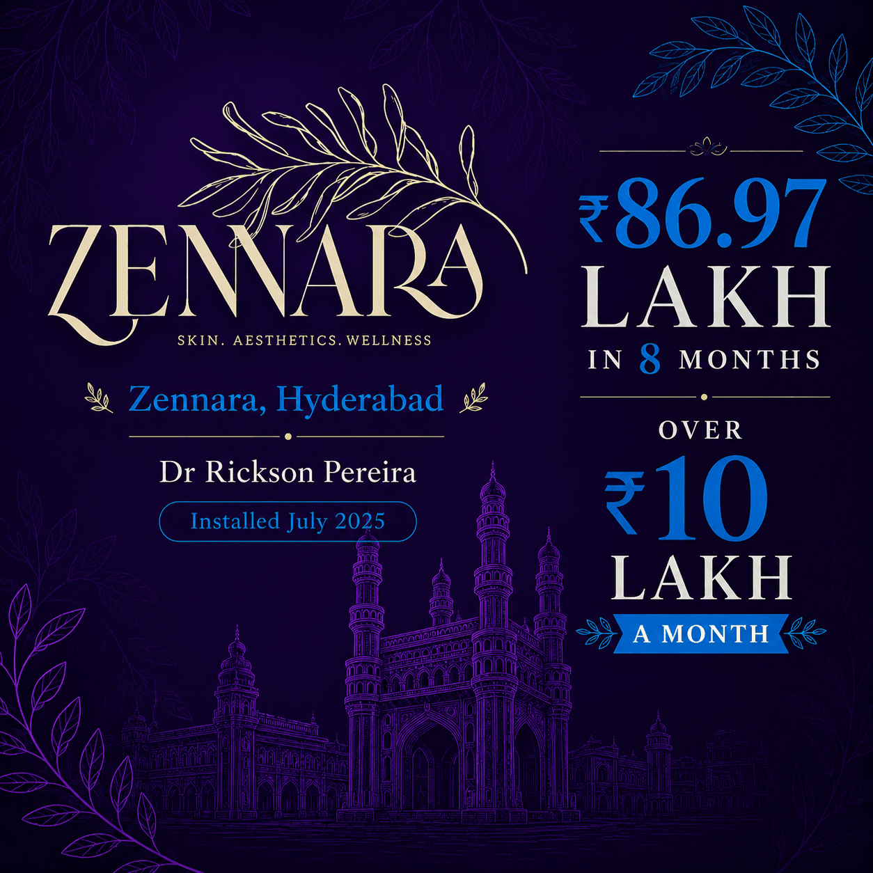Zennara, Hyderabad — Dr Rickson Pereira. Installed July 2025. ₹86.97 lakh in 8 months, over ₹10 lakh a month.